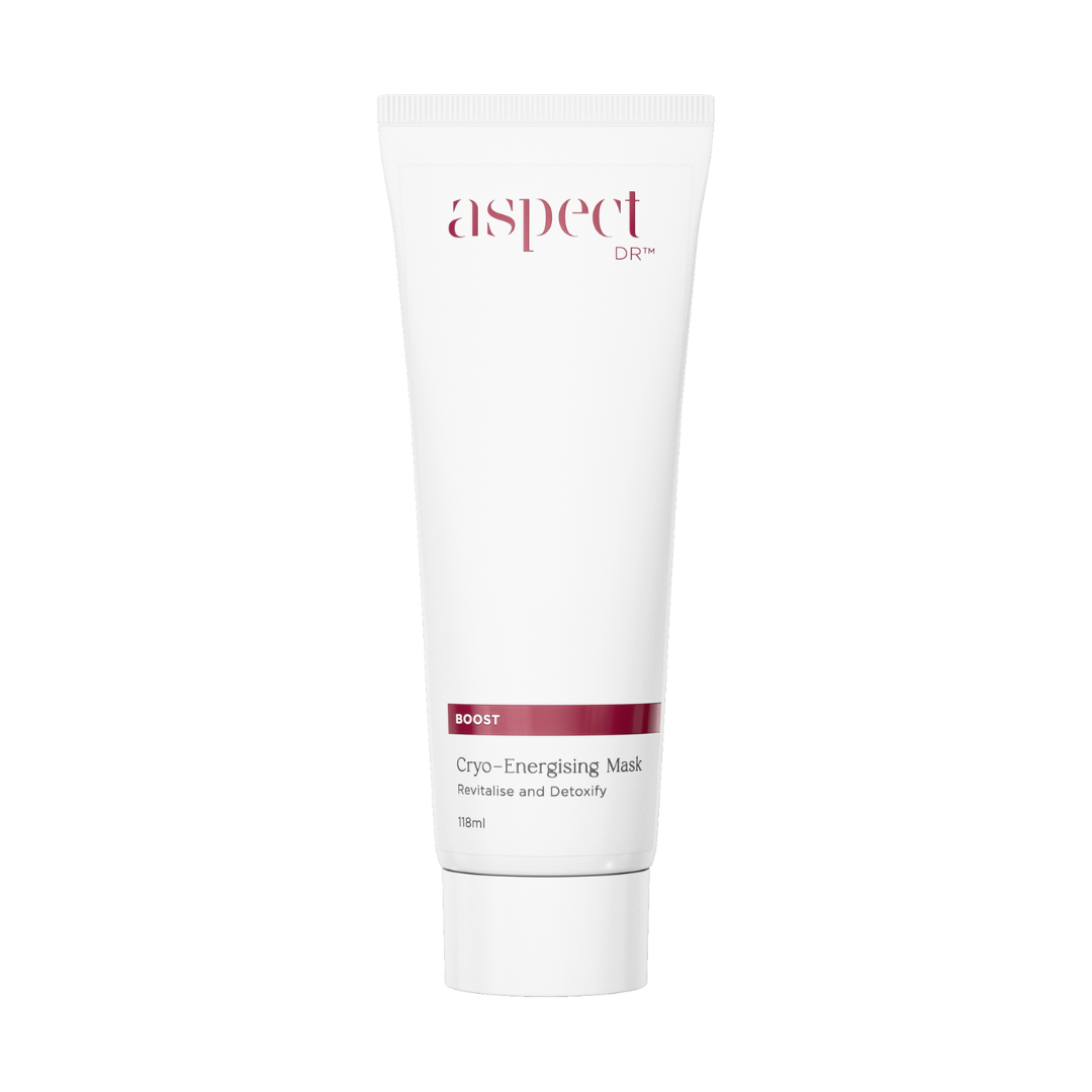 Cryo-energising mask tube with 'aspect' branding on a white background