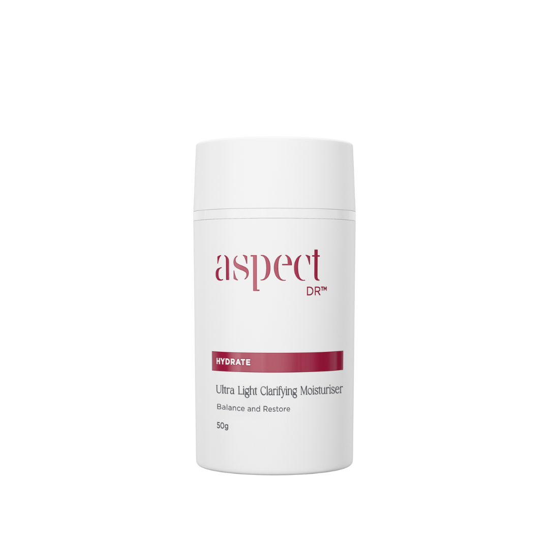 White skincare product container with 'aspect DR' branding on a white background