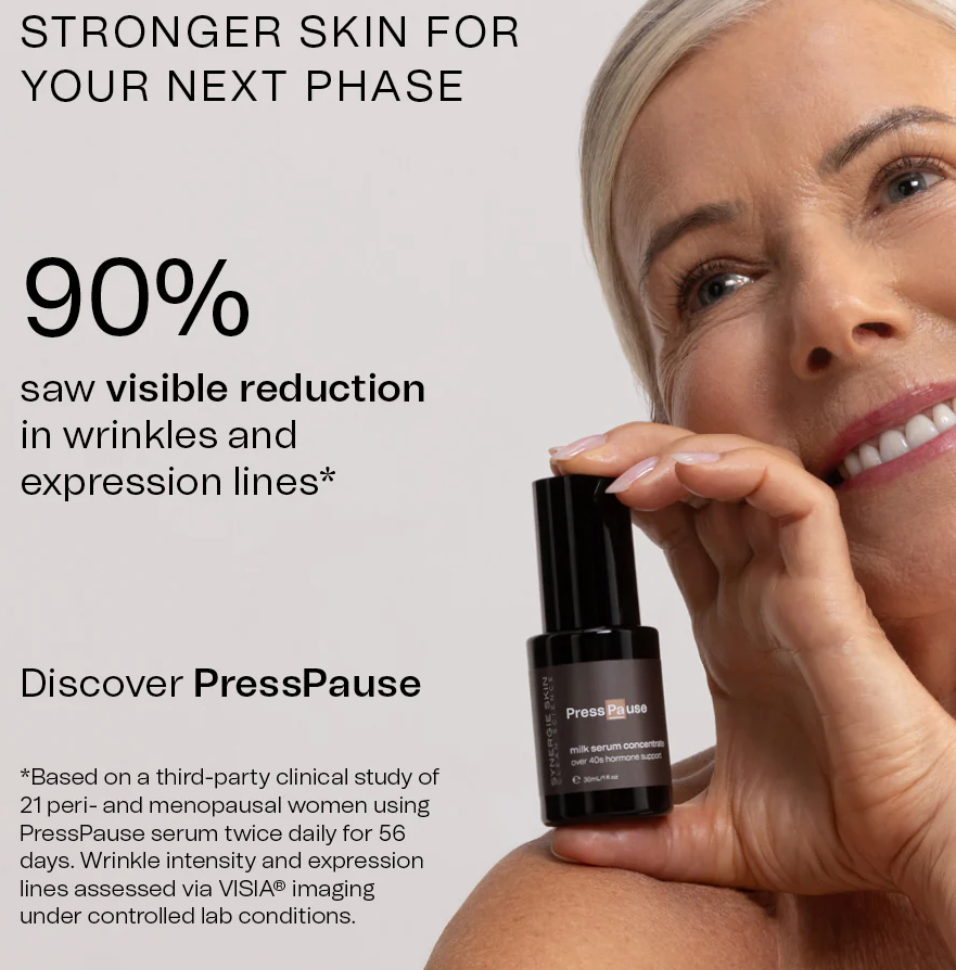 Synergie Skin Press Pause 30ml - 90% saw visible reduction in wrinkles, menopause serum buy online Australia